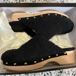 J.Crew Black Sherpa Gold Studded Clogs NIB